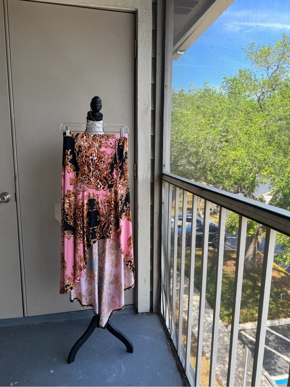 Venus Pink and Black Baroque Print High-Low Skirt